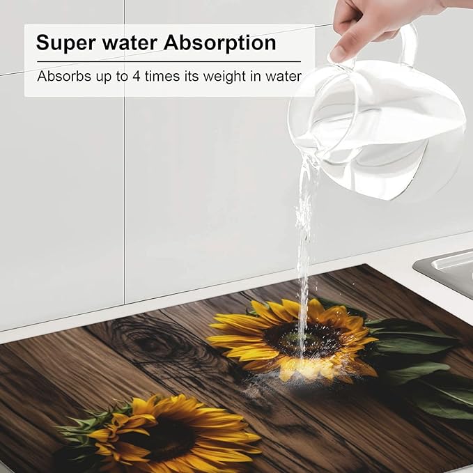 Sunflower (Helianthus Annuus) Dish Drying Mat for Kitchen Counter Decor 18x24 Inch Floral Absorbent Reversible Microfiber Dish Drying Pad Flower Dish Drainer Rack Mats for Coffee Bar
