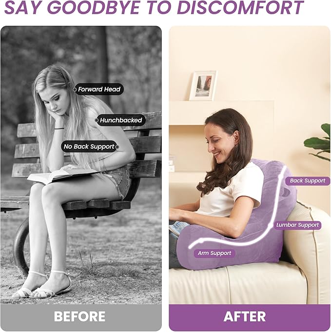 Portable Comfy Reading Pillows for Bed Sitting Up(Lavender Purple Oeko-Tex), Velvet Back Pillow with Arms & Pockets for Adults, Support Memory Foam Bed Pillow for Dorm/Reading/Watching/Gaming
