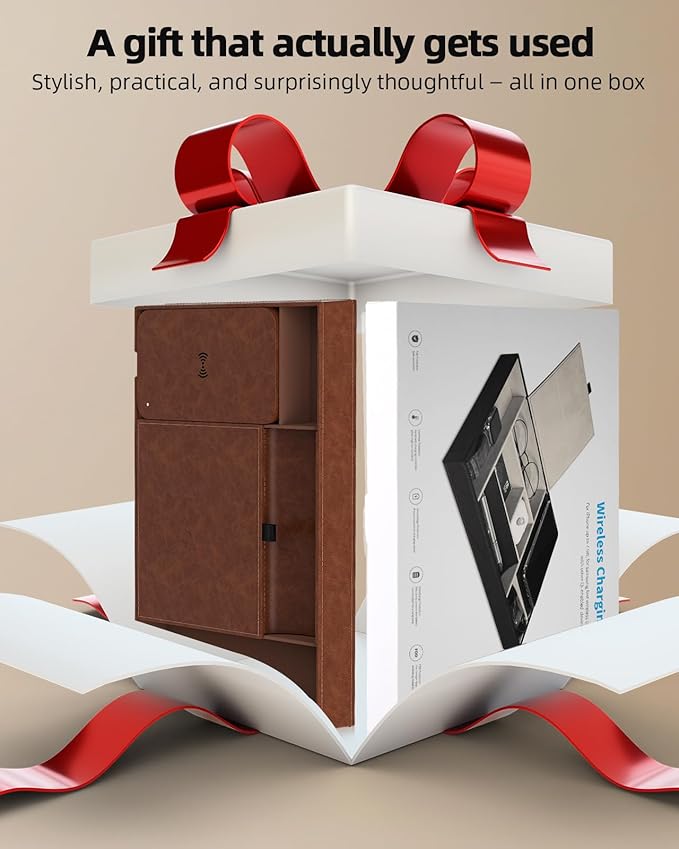 Valet Tray with Wireless Charger, Nightstand Organizer, Leather Desk Drawer Organizer Tray with 7 Compartments for Jewelries, Watch, Key, Wallet, Phone, Brown