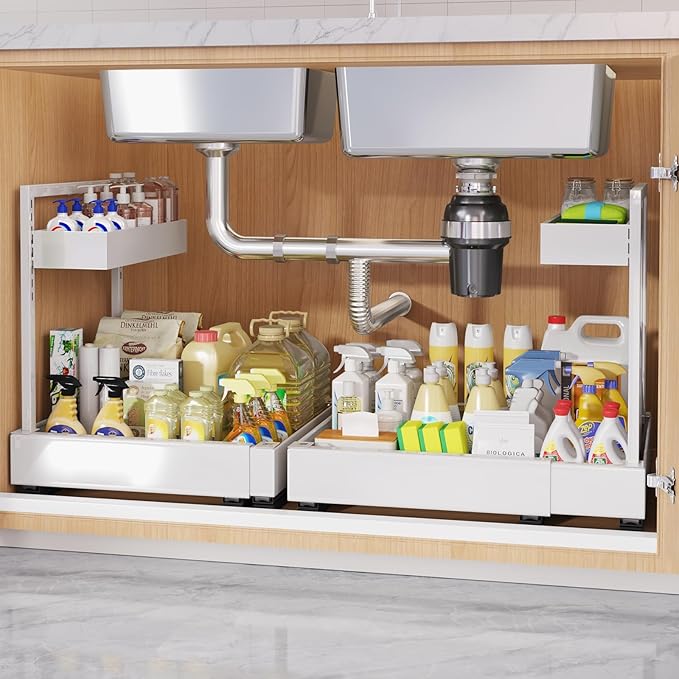 1-Pack L-Shape Expandable Under Sink Organizer with 3 Ball-Bearing Slide Rails, 2-Tier Pull-Out Under Cabinet Storage Shelf for Kitchen & Bathroom, Height-Adjustable Slide-Out Cabinet Drawer - White