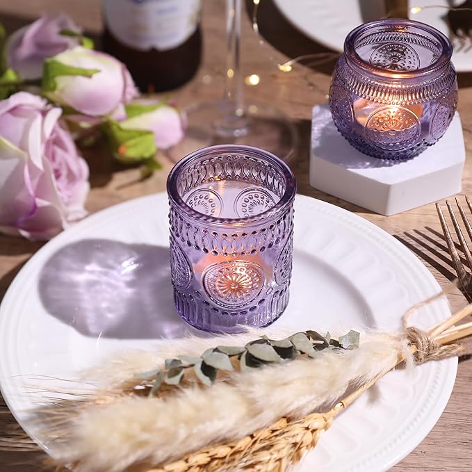 30pcs Assorted Purple Votive Candle Holders for Wedding Decorations, Boho Glass Tealight Candle Holder, Wedding Table Centerpieces, Bridal Shower Decorations, Retro Purple Party Decor, Party Favors