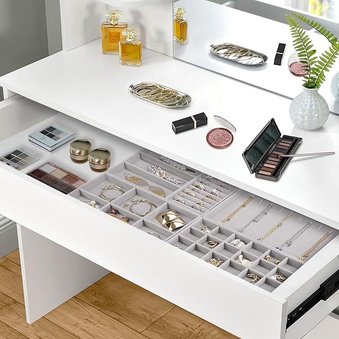 Cirhy 4 Stackable Jewelry Trays Organizer Set for Drawer, Jewelry Organizers and Display Case Storage, Velvet Drawer Inserts Organizer for Necklace Bracelets Earrings Organizer, Gift For Her, Grey
