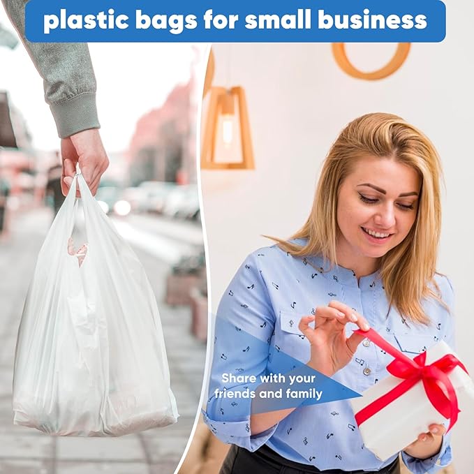 LainNeala T-Shirt Bags, 1000 Count, With Handles - Recyclable White Plastic (11"x 6"x 21")