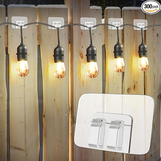 Hooks for Outdoor String Lights Clips: Heavy Duty Cable Clips with Waterproof Adhesive Strips for Hanging Christmas Light - Outside UV-Resistant Clear Sticky Cord Holders Rope Organizer (300)