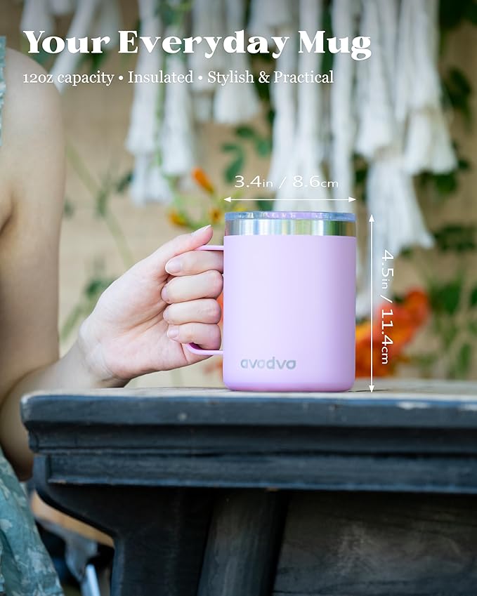 12oz Insulated Coffee Mug with Lid – Includes Two Lids, Stainless Steel Coffee Travel Mug with Handle, Double Wall Vacuum Insulated Camping Mug for Home, Office & Outdoor, Pink