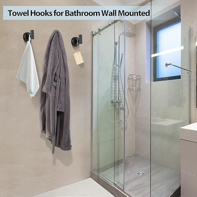 Kruodop Towel Hooks for Bathroom,6 Packs Wall Mount Towel Holder,Black Matte Wall Robe Hook,Stainless Steel Heavy Duty Door Hanger Towel Hook for Kitchen, Bedroom,Hotel,Pool,Coats