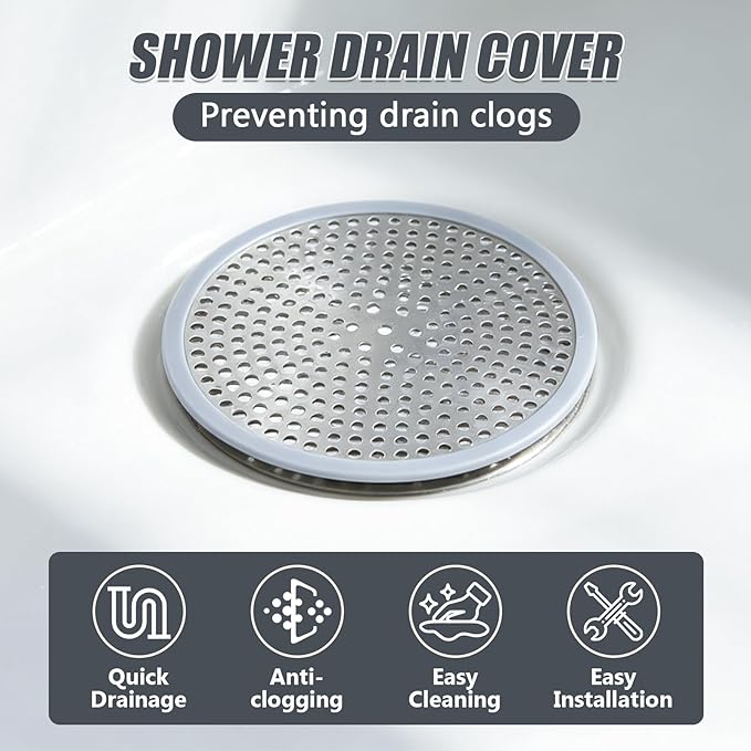 Shower Drain Cover, 4.72" Diameter Round Shower Drain Hair Catcher, Suitable for Bathroom and Kitchen, with Stainless Steel and Silicone Edges (Silver)