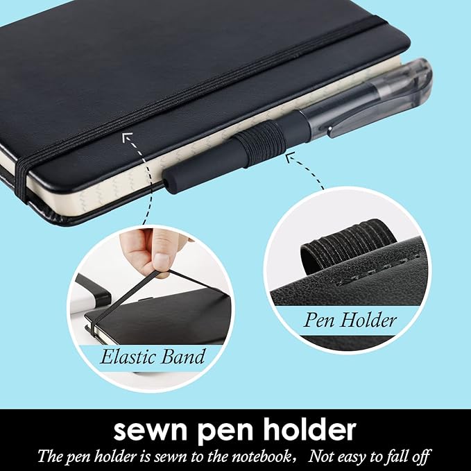 (3 Pack) Pocket Notebook Journal, Hardcover Small Mini Notebooks with Pens for Work, 3.7" x 5.7" A6 Notebook College Ruled with 100Gsm Premium Thick Lined Paper, Black Leather