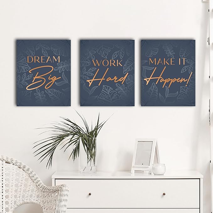 Inspirational Wall Décor for Office, Bedroom, Living Room - 3pc Motivational Poster Set - Framed Canvas - 12.5 x 15 Inch Wall Art