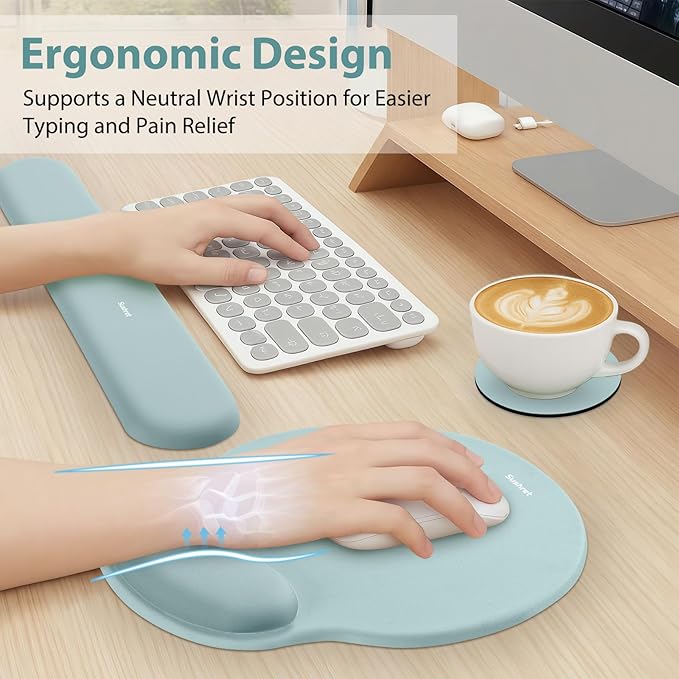 Mouse Pad and Keyboard Wrist Rest, 3-in-1 Gel Memory Foam Ergonomic Mouse Pad with Wrist Rest Set, Gaming Mousepad Arm Cushion Support for Computer Office Desk Accessories Cute, Seafoam Blue