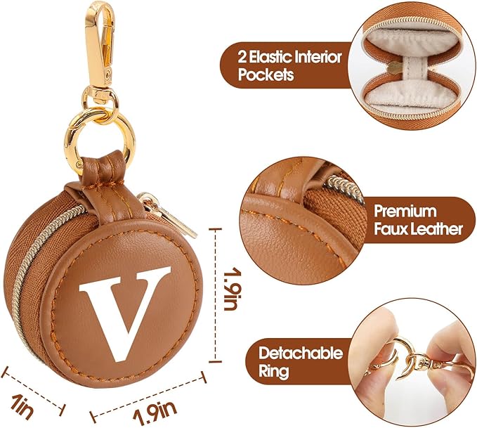 Mini Initial Travel Jewelry Case Ring Holder, Brown Faux Leather Small Jewelry Organizer Box Gifts for Women Girls Nurse Teacher, Gym Travel Accessories Keychain Pouch for Earrings Rings Necklace V