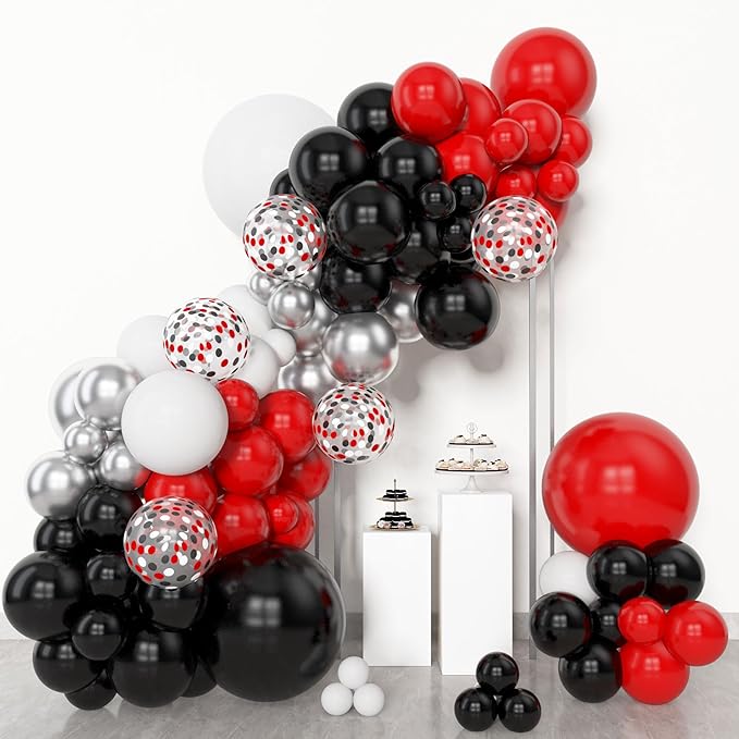 Amandir 153pcs Red Black and White Balloon Arch Garland Kit Different Sizes 18 12 10 5inch Silver Latex Metallic Confetti Graduation Balloons for Birthday Wedding Movie Night Casino Party Supplies