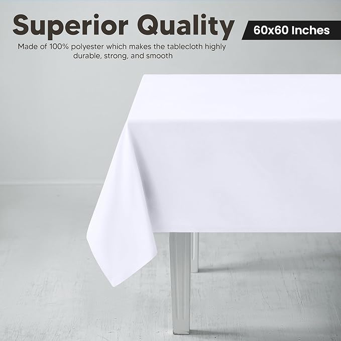 Utopia Kitchen Square Table Cloth 2 Pack(60x60 Inches, White), Tablecloth Machine Washable, Polyester Table Cover for Dining, Buffet Parties, Picnics, Events, Weddings and Restaurants