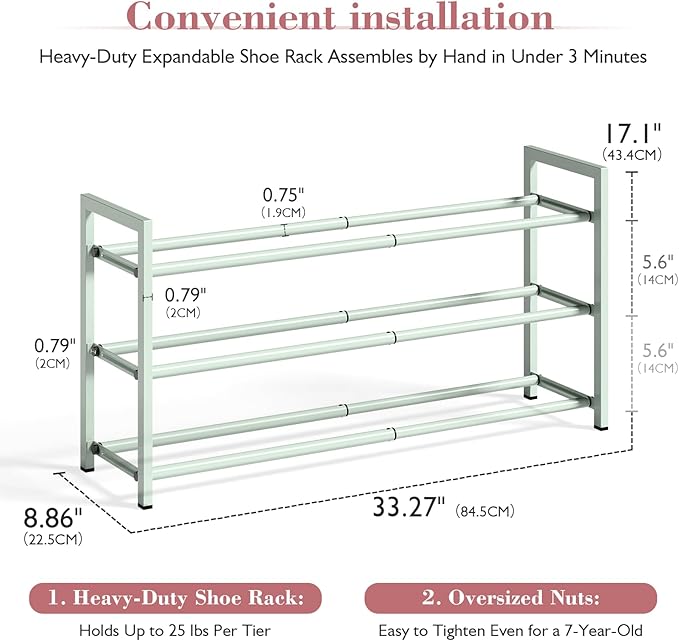 Bumusty 3-Tier Expandable Shoe Rack for Closet, 18"-33" Adjustable Shoe Rack for Small Space, Small Shoe Organizer for Front Door, Sturdy Metal, Green