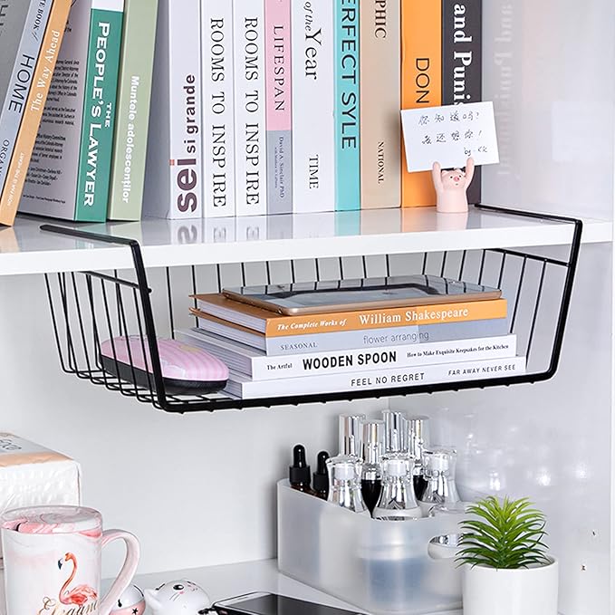 ELEATTRUN Undershelf Storage Basket Under Shelf Wire Basket Household Metal Under Shelf Hanging Storage Bin Basket Slides Under Shelves for Storage Space Saving for Kitchen Pantry Bookshelf 4 PCS