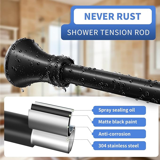 YNL Black Shower Curtain Rod 36-68 Inch(3-5.67ft), No Slip No Drill Stainless Steel Spring Tension Curtain Rod, No Rust Shower Rod Adjustable For Bathroom closet