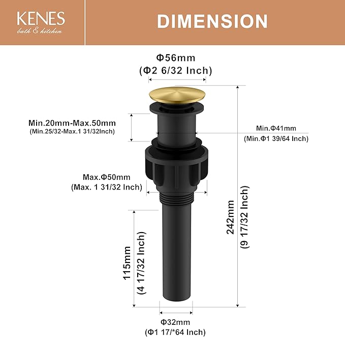 KENES Bathroom Vessel Sink Pop Up Drain Without Overflow Assembly, Lavatory Vanity Sink Drain Stopper, Anti-Clogging Drain Strainer, Brushed Gold, KE-P300A-4