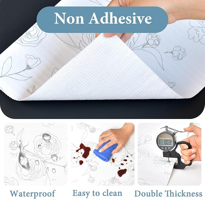 Shelf Liners for Kitchen Cabinets, 12in x 30FT, Non-Adhesive Drawer Liner, Silver Floral, Thickened Shelf Liner Paper, Strong Non-Slip, Easy to Clean, for Tool Box and Refrigerator, with Knife and Tape Measure