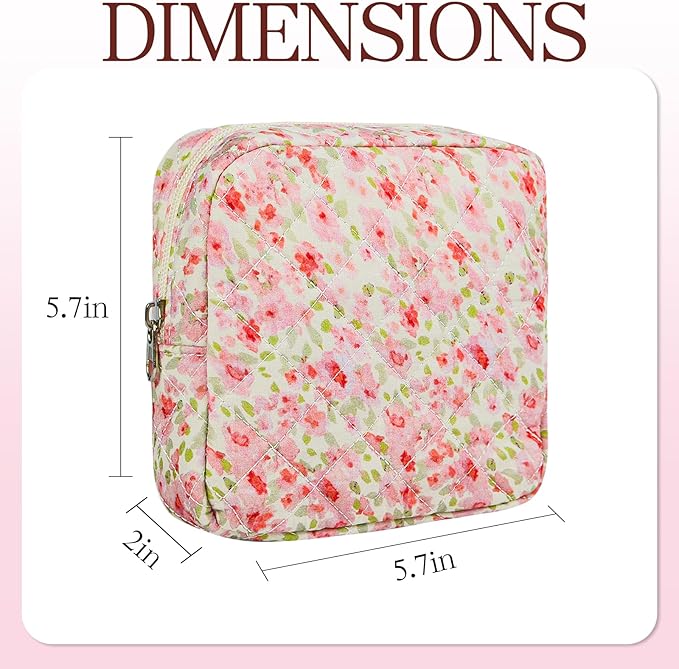 Small Floral Quilted Makeup Bag, Coquette Aesthetic Travel Toiletry Organizer for Women, Lightweight Cotton Cosmetic Pouch
