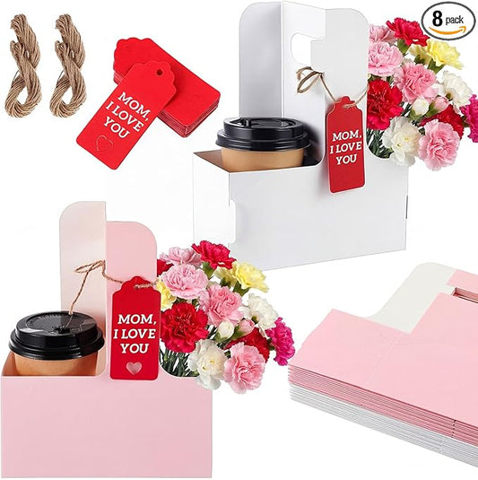 MotiMind 8 Pack Mother's Day 2 Cup Drink Carrier with Handle, Kraft Paperboard Teacher Cup Holder Portable for Hot Cold Drinks, Coffee Carrier Gift with Heart Card Rope (White,Pink)