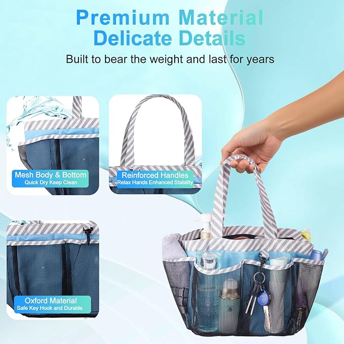 Haundry Mesh Shower Caddy Portable for College Dorm Room Essentials, Shower Caddy Tote with 8 Pockets Large Capacity, Shower Bag for Beach, Swimming, Gym, Light Blue