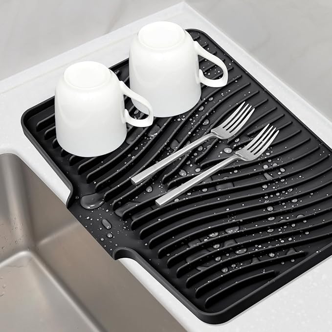 TIKNIK Silicone Dish Drying Mat, Stone Drying Mat for Kitchen Counter with Built-In Drain, Non-Slip Drain Pad with Built-in Drain, Heat Resistant Stone Drying Mat, 1Pcs Black(20" x 15")