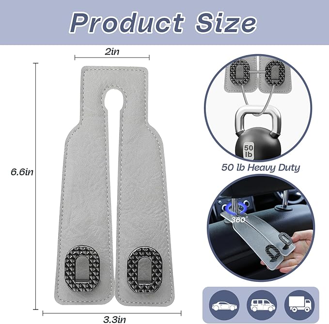 Car Headrest Hooks Universal Car Purse Hook Premium Leather and Alloy Twin Hook Car Seat Back Storage Hanger Hook for Purse Bags Cloth Drink Durable Holder Car Accessories (BH09-Grey-Black-4 Pack)