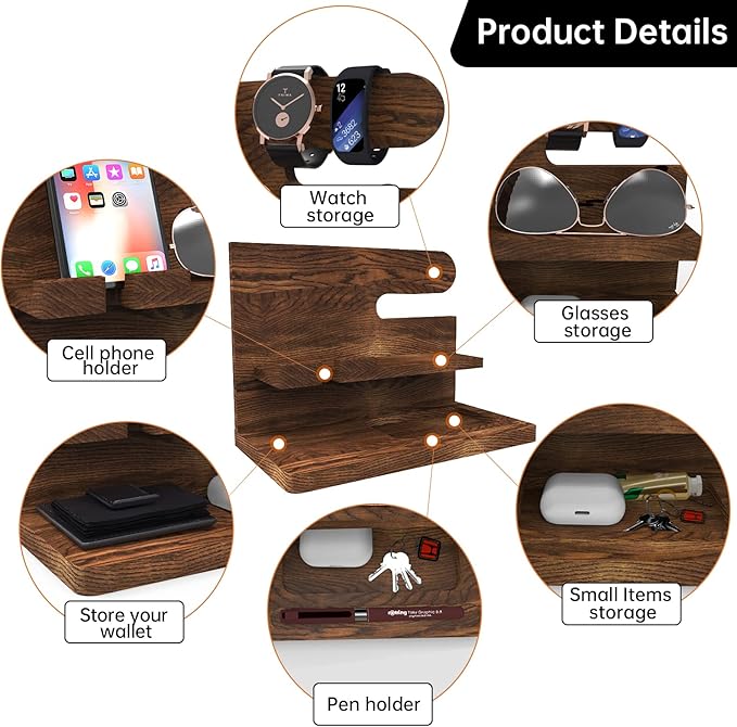 Birthday Gifts for Men Valentines Day Gifts for Men Gift for Dad Wood Phone Docking Station Organizer Wood Bedside Desk Organizer