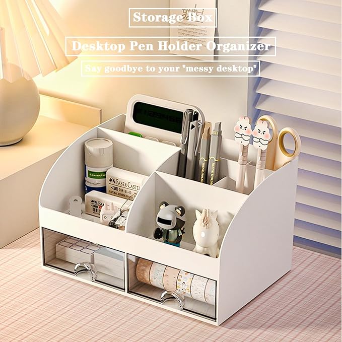 Desk Organizer with 6 Compartments and 2 Drawers, Plastic Makeup Organizer, Pen Holder for Desktop Storage, Desk Organization for School, Home, Office Supplies (White)