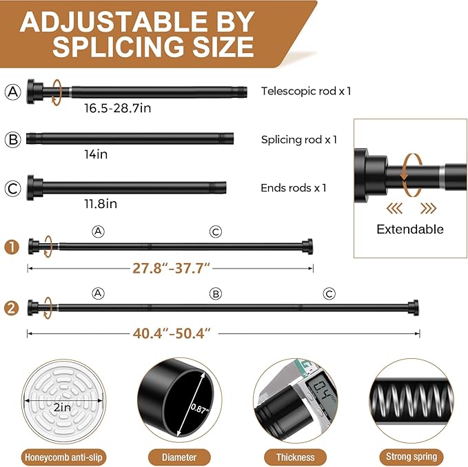 AIZESI Black Spring Tension Rod 28-50Inch, No Drill, Adjustable, Rust Resistant, Anti-Slip, 1PCS