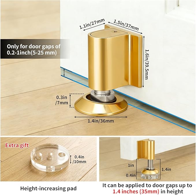Magnetic Door Stoppers, Magnet Door Stop - Stainless Steel Door Catch, Retractable Bottom of Door Holder Suits Gaps Within 1.4" Keep Door Open, No Drill 3M Adhesive & Screws - Golden2 Pack