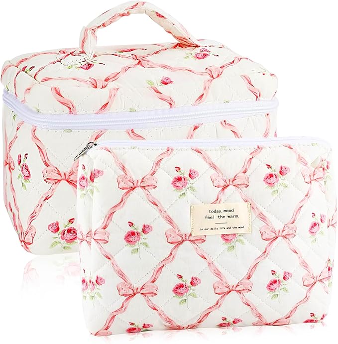 2Pcs Cotton Quilted Makeup Bag for Women Girls, Large Small Travel Floral Cosmetic Bags Set, Cute Coquette Pink Makeup Pouch for Purse, Aesthetic Cloth Flower Storage Toiletry Bag Organizer