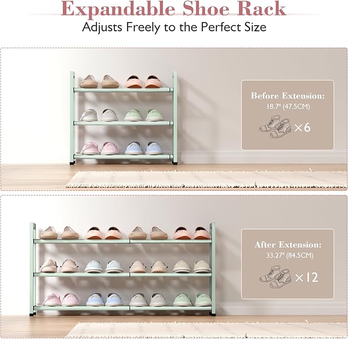 Bumusty 3-Tier Expandable Shoe Rack for Closet, 18"-33" Adjustable Shoe Rack for Small Space, Small Shoe Organizer for Front Door, Sturdy Metal, Green