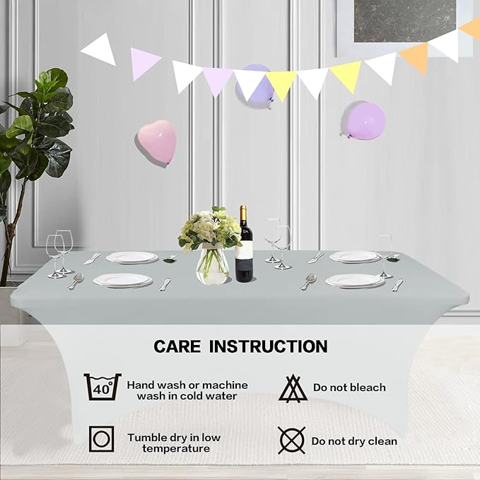 IVAPUPU 8FT Tablecloth for Rectangular Fitted Events Stretch Grey Table Covers Washable Cover Spandex Tablecloth Protector for Party, Wedding, Cocktail, Banquet, Festival