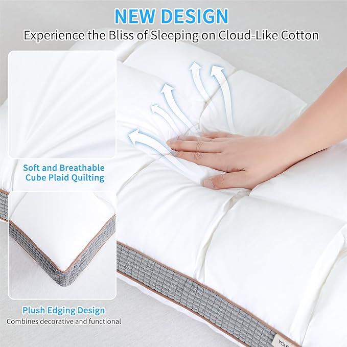 YOUR MOON Soft Pillow King for Sleeping, Super Soft Support Down Alternative Pillow, 100% Cotton Shell Luxury Comfy Fluffy Bed Pillows for Sleep(White)