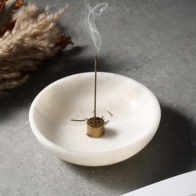 Koville Natural Marble Incense Holder, Incense Holder for Sticks with 9 Holes, Handmade Incense Burner Ash Catcher for Meditation Yoga SPA, Balsam Fir/Palo Santo/Sage/Cone (White)
