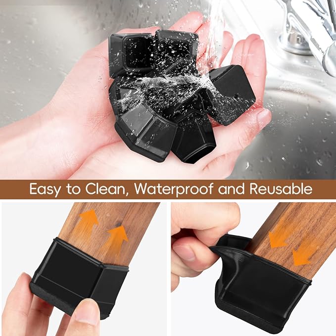28Pcs Square Chair Leg Floor Protectors with Wrapped Felt Bottom, Silicone Chair Leg Protectors for Hardwood Floors, Chair Legs Cover Prevents Scratches & Reduce Noise (Black S Fit 0.87"-1.10")
