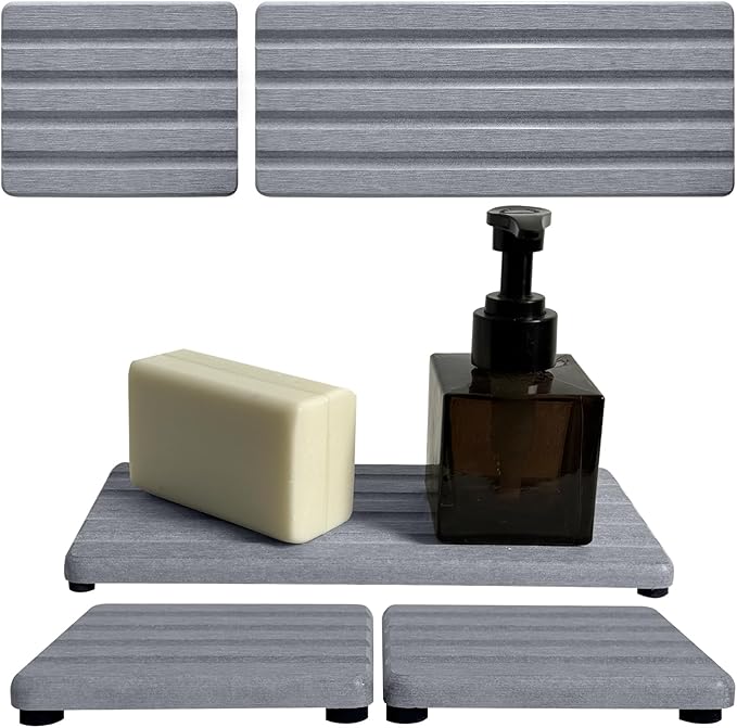 ZumenDa Set of 3 Diatomite Hand Soap Holder, Water Absorbing Stone Tray for Kitchen Countertop, Fast-Drying Bathroom Trays(1pcs 22 x 10cm + 2pcs 10 x 10cm Grey)
