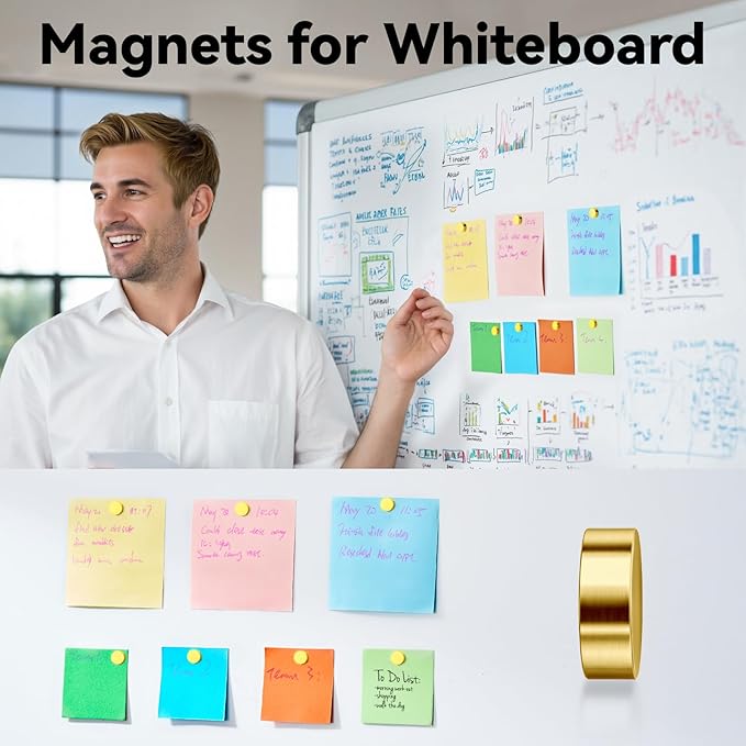 SMARTAKE 45 Pcs Refrigerator Magnets, 10x2.6mm Small Round Fridge Magnets, Multi-Use Premium Neodymium Office Magnets for Fridge, Whiteboard, Billboard in Home, Kitchen, Office and School (Gold)