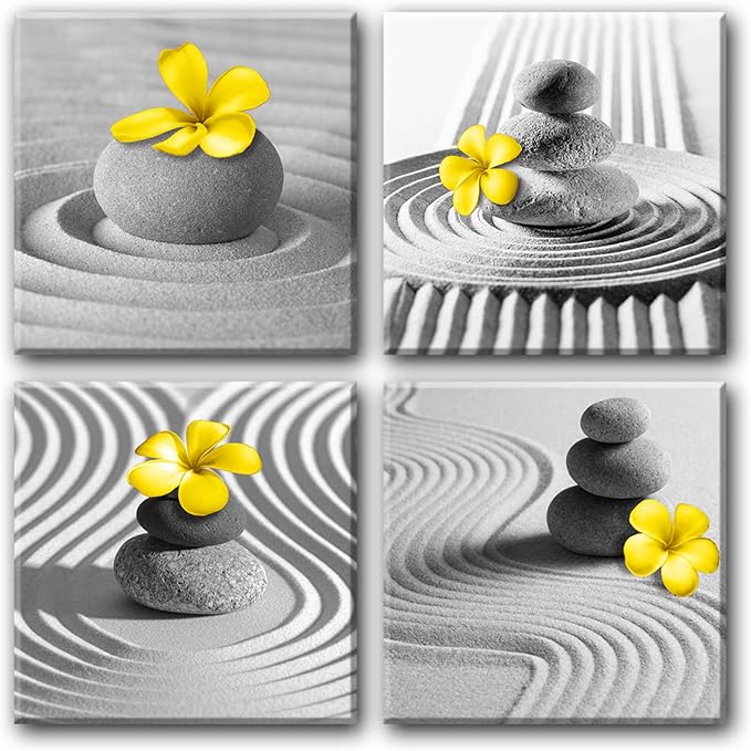 Yxbhhym Yellow Gray Wall Art Black White Zen Wall Art Floral Wall Pictures Flower Zen Painting Stone Sand Pebble Canvas Poster Artwork for Wall Decor Living Room Bedroom Bathroom Decor Framed