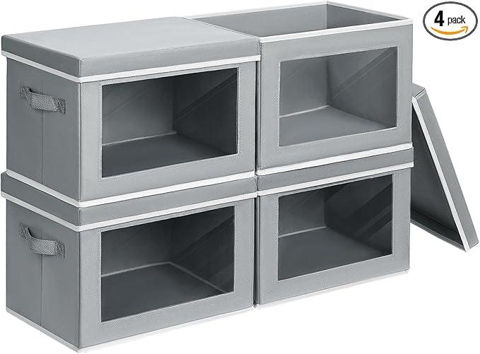 Storage Bins with Lids - Small Fabric Organizers with Window, Collapsible Storage Bins for Clothes, Decorative Closet Organizers for Towels, Tshirt, 4 Pack, Grey