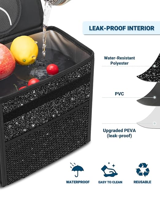 Capolo Car Trash Can with Lid, Leakproof Car Trash Bag Hanging Waterproof Automotive Garbage Can with Storage Pockets Mini Vehicle Trash Bin for Back/Front Seat (Sparkly Black, 3 Gallon)
