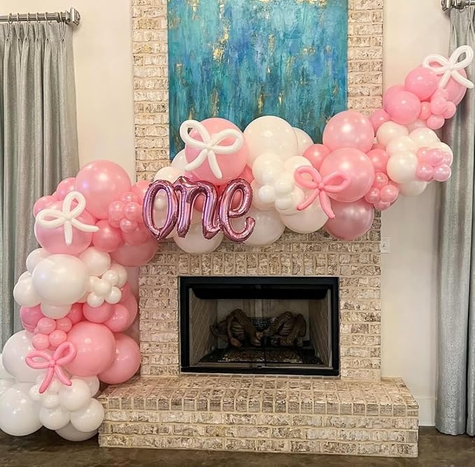 HKYOOD Pink Bow Balloon Garland Arch Kit - Coquette Birthday Decorations Coquette Bow Pink and White Balloon Arch Kit Different Size for Bridal Girls Birthday Baby Shower Party Decorations