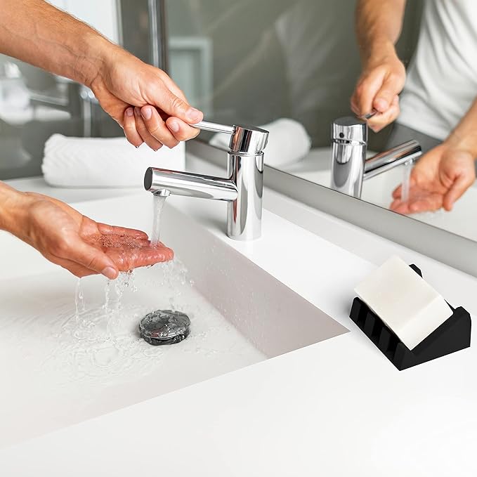 iSoapStone Silicone Soap Dish (USA Patented) Self Draining Bar Soap Holder for Shower Bathroom Sink, Drying Soap Dish Tray Sponge Holder Easy Cleaning Soap Saver Travel Accessories (Black, 1)