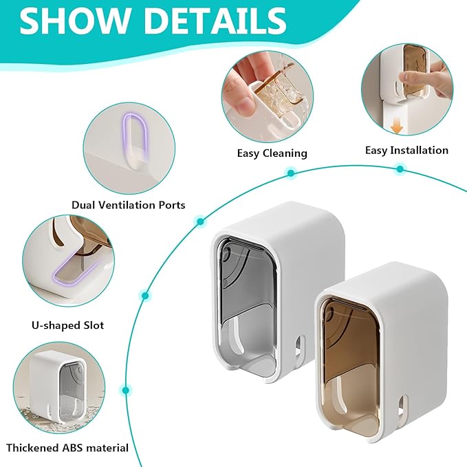 2 Pack Toothbrush Holders for Bathroom, Self Adhesive Wall Mounted Toothbrush Holder with Cover, Single Toothbrush Dispenser Storage Organizer for Family, Travel, Waterproof and Dustproof (Brown)