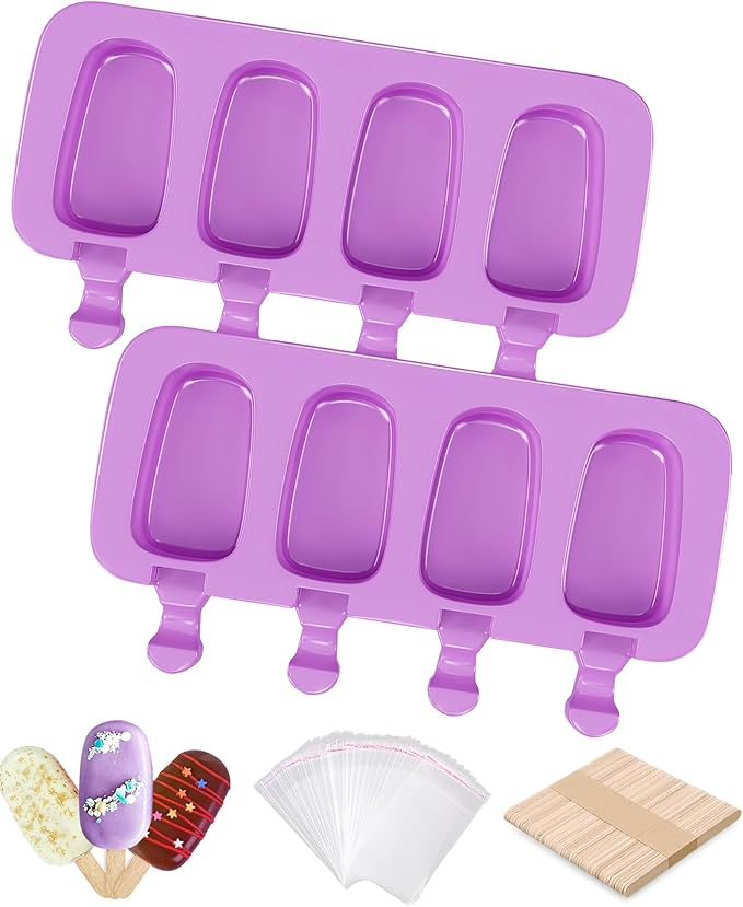 Ouddy Life Popsicle Molds Set of 2, Ice Pop Molds Silicone 4 Cavities Ice Cream Mold Oval Cake Pop Mold with 50 Wooden Sticks for DIY Popsicle (Purple)