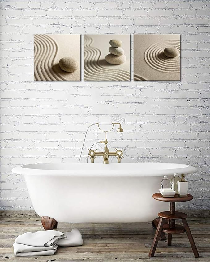 Artsbay 3 Piece Canvas Wall Art Zen Stone and Sand Giclee Print Artwork Calm Peaceful Still Life Picture Painting Modern Spa Room Wall Poster Decor Framed for Home Office Bedroom Bathroom Decoration