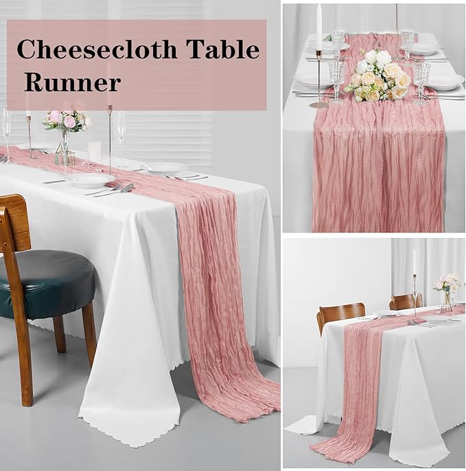 Bailarina 25 Pack Cheesecloth Table Runner 17x108 Inch Long Gauze Cheese Cloth 9ft Wrinkled Sheer Table Runner for Wedding Reception Birthday Party Table Decoration (Dusty Pink)