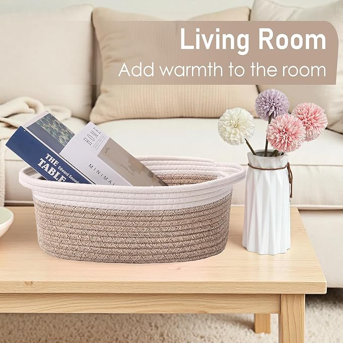 Woven Basket, Small Rope Storage Bin with Handles & Ribbon Bag, Organizer for Shelves Closets, Empty Gift Basket for Birthday, Books, Dog Toys, White & Oatmeal/2 Pack