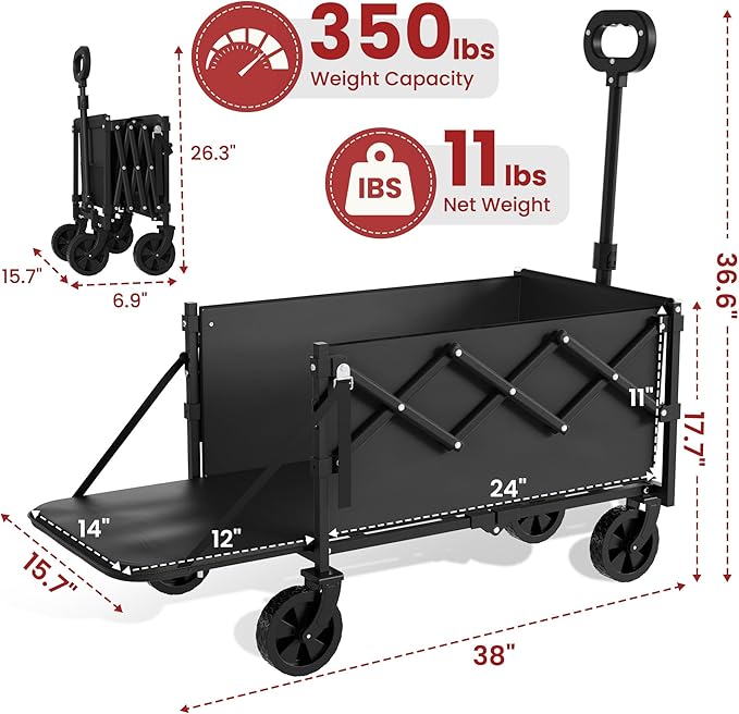 Collapsible Wagon with Wheels & Tailgate, 350LBS Wagons Carts Foldable Heavy Duty, Lightweight Portable Folding Utility Wagon Grocery Shopping Cart for Garden, Camping, Beach (Black)